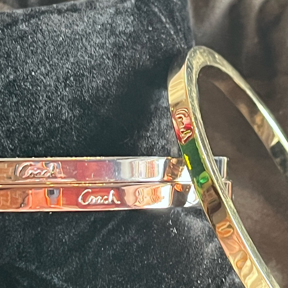 Coach Tri-Tone Stacking Bangle Bracelet Set w/ Pouch, Logo Engraved - Picture 3 of 6